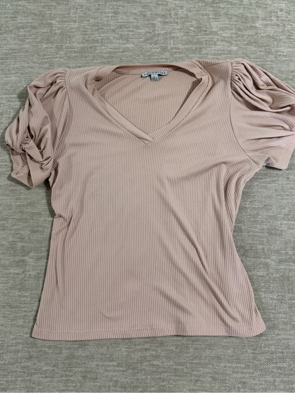 Haute Monde Ribbed V-Neck Puff Sleeve Top - Blush